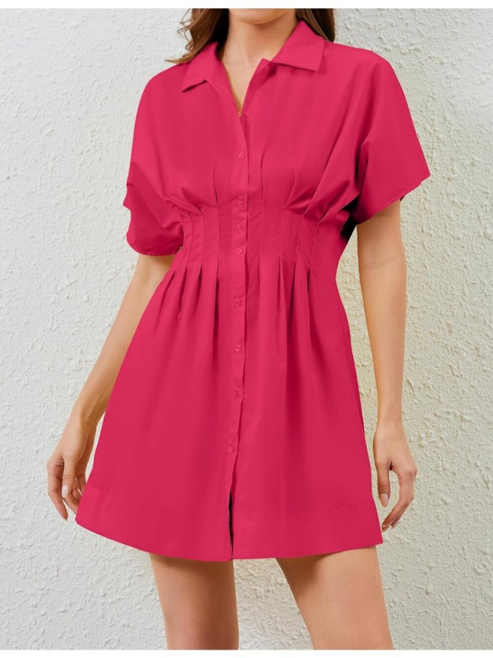 Women's Rose Button Down Short Sleeve Causal A Line Flowy Pleated Mini Dress - Picture 3 of 6